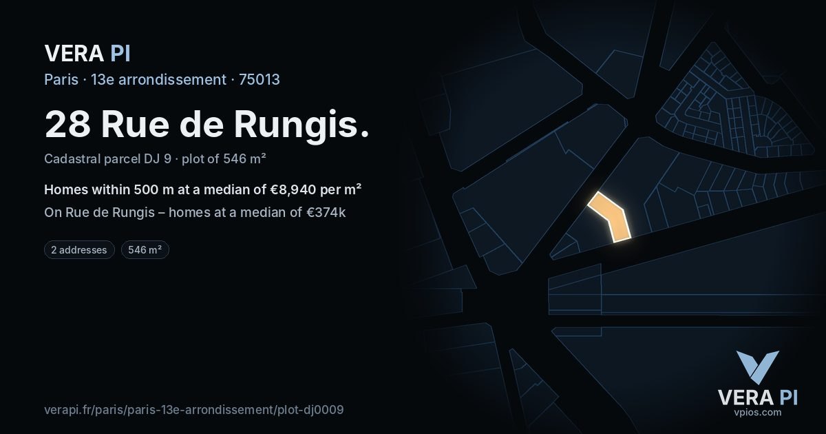 28 Rue de Rungis, 13e arrondissement at night – the plot lit, the parcels around coloured by the prices near them