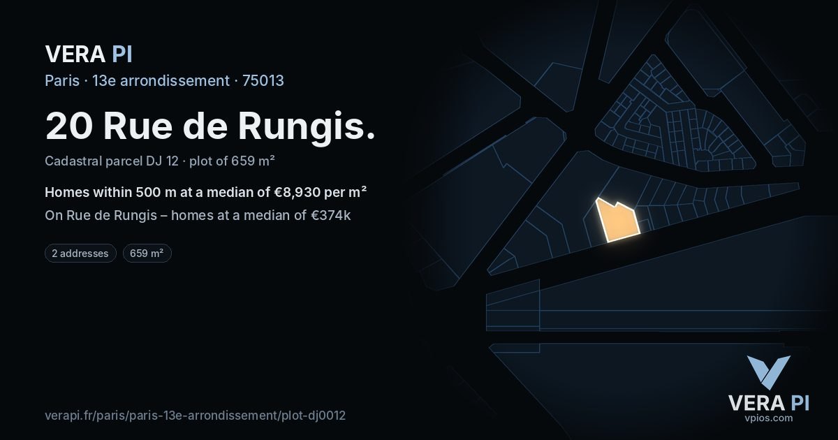 20 Rue de Rungis, 13e arrondissement at night – the plot lit, the parcels around coloured by the prices near them