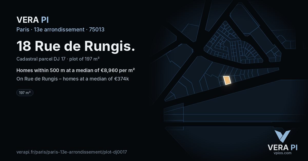 18 Rue de Rungis, 13e arrondissement at night – the plot lit, the parcels around coloured by the prices near them