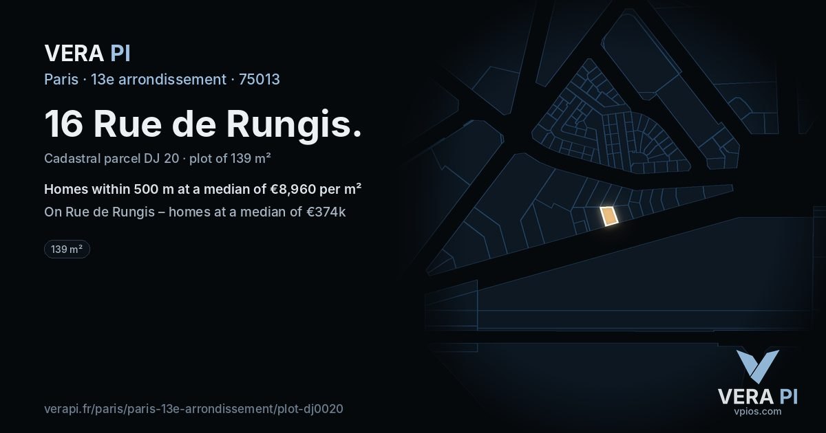 16 Rue de Rungis, 13e arrondissement at night – the plot lit, the parcels around coloured by the prices near them