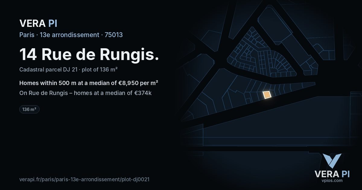 14 Rue de Rungis, 13e arrondissement at night – the plot lit, the parcels around coloured by the prices near them