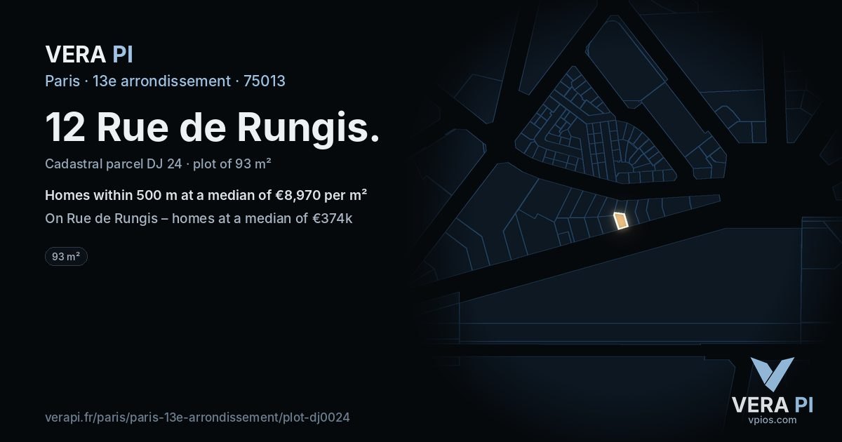 12 Rue de Rungis, 13e arrondissement at night – the plot lit, the parcels around coloured by the prices near them