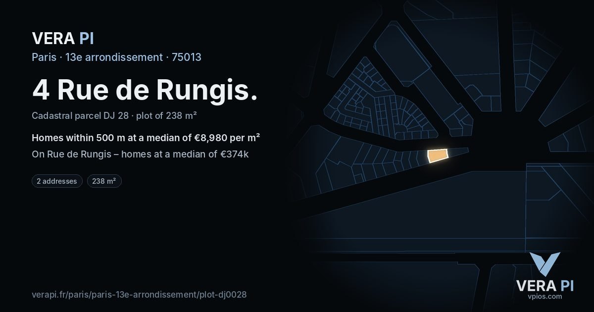 4 Rue de Rungis, 13e arrondissement at night – the plot lit, the parcels around coloured by the prices near them