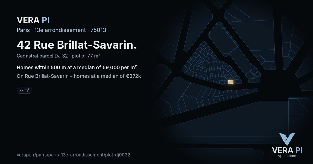 42 Rue Brillat-Savarin, 13e arrondissement at night – the plot lit, the parcels around coloured by the prices near them