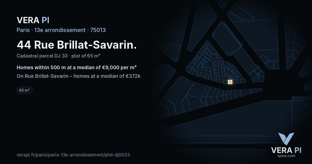 44 Rue Brillat-Savarin, 13e arrondissement at night – the plot lit, the parcels around coloured by the prices near them