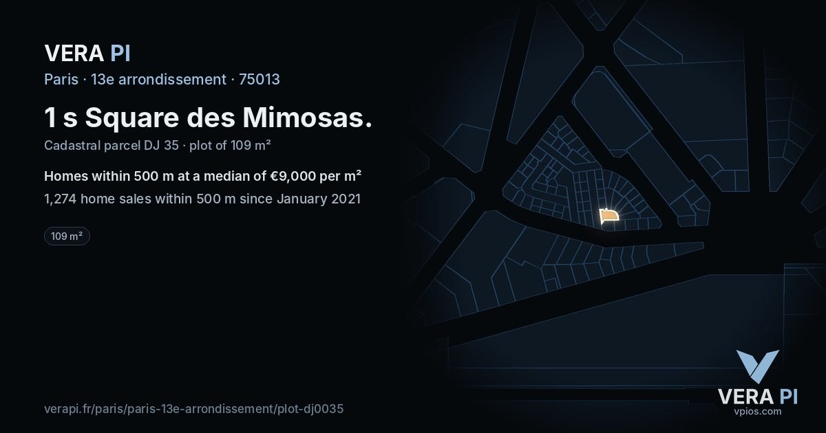 1 s Square des Mimosas, 13e arrondissement at night – the plot lit, the parcels around coloured by the prices near them