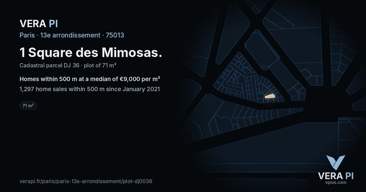 1 Square des Mimosas, 13e arrondissement at night – the plot lit, the parcels around coloured by the prices near them