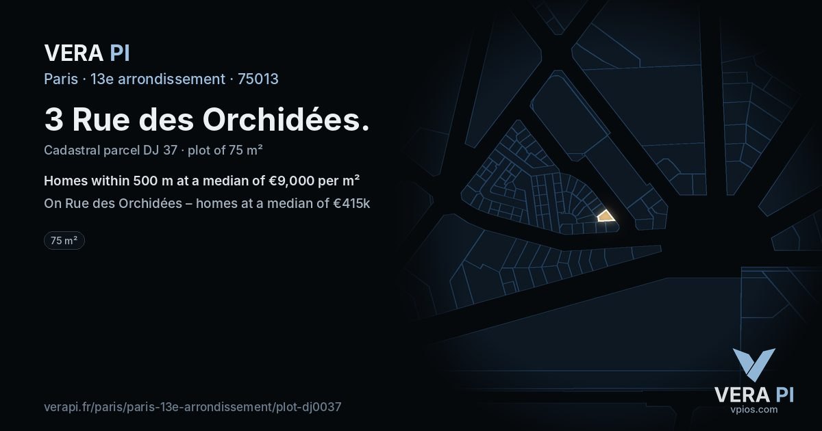 3 Rue des Orchidées, 13e arrondissement at night – the plot lit, the parcels around coloured by the prices near them