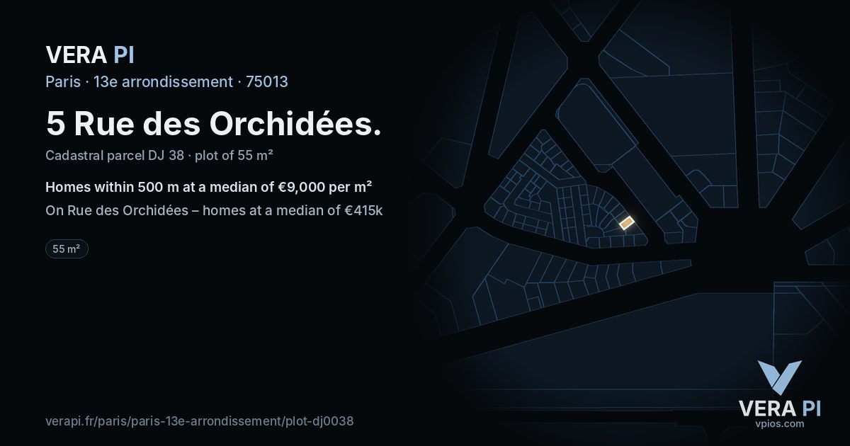5 Rue des Orchidées, 13e arrondissement at night – the plot lit, the parcels around coloured by the prices near them