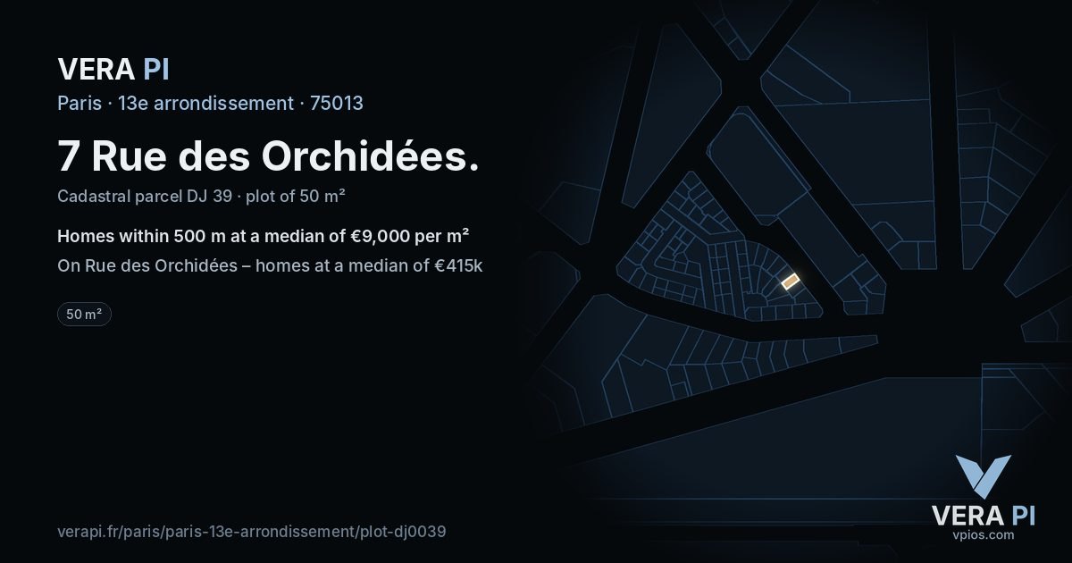 7 Rue des Orchidées, 13e arrondissement at night – the plot lit, the parcels around coloured by the prices near them