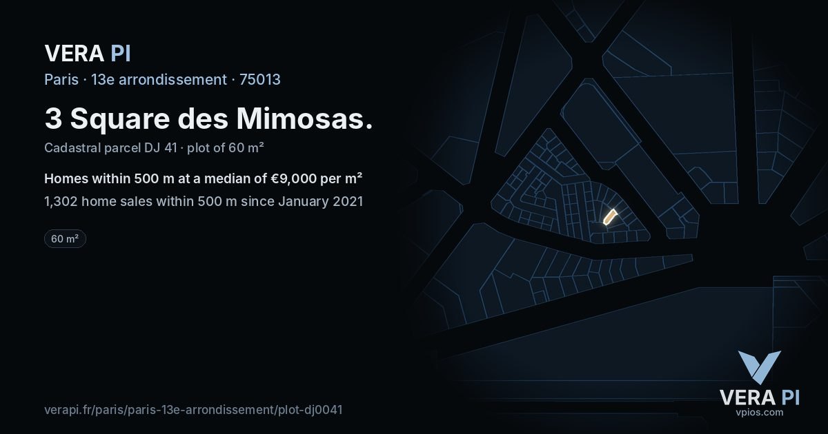 3 Square des Mimosas, 13e arrondissement at night – the plot lit, the parcels around coloured by the prices near them