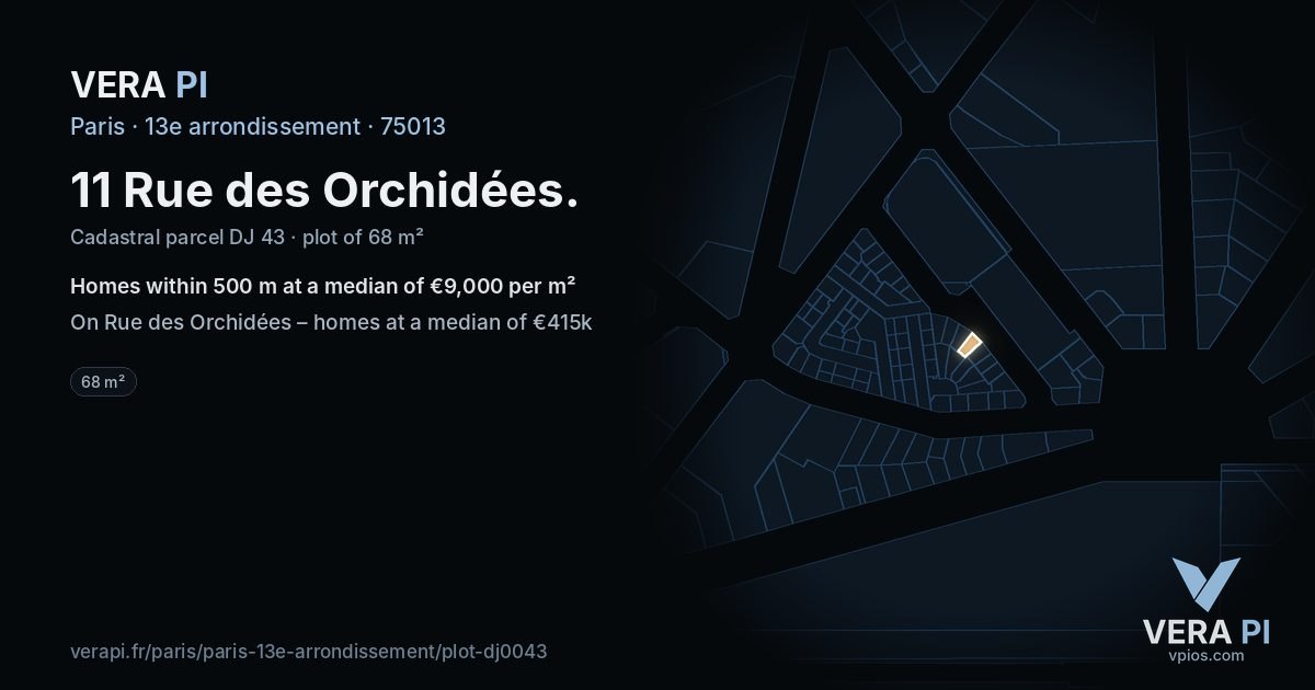 11 Rue des Orchidées, 13e arrondissement at night – the plot lit, the parcels around coloured by the prices near them