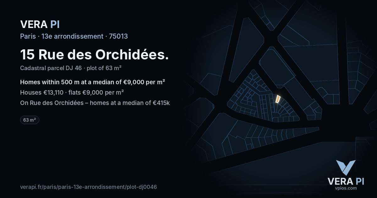 15 Rue des Orchidées, 13e arrondissement at night – the plot lit, the parcels around coloured by the prices near them