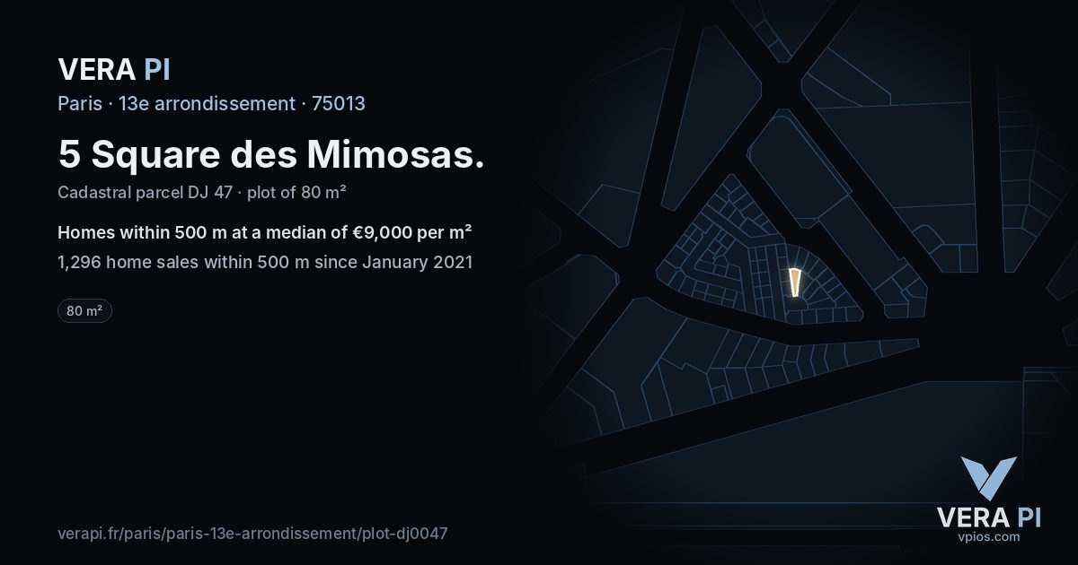 5 Square des Mimosas, 13e arrondissement at night – the plot lit, the parcels around coloured by the prices near them