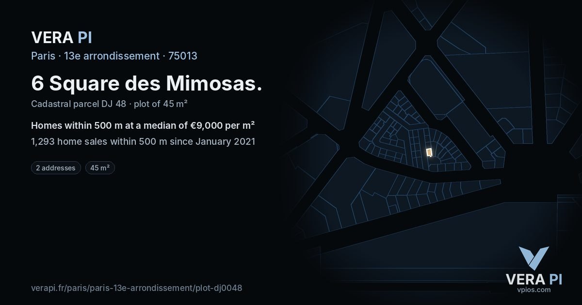 6 Square des Mimosas, 13e arrondissement at night – the plot lit, the parcels around coloured by the prices near them