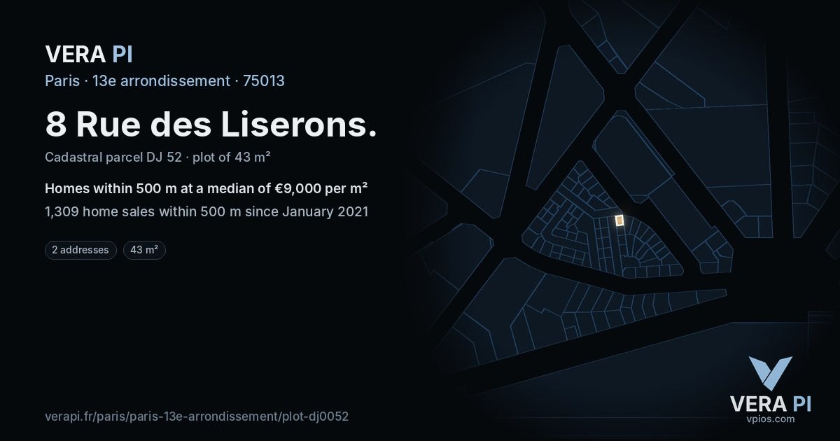 8 Rue des Liserons, 13e arrondissement at night – the plot lit, the parcels around coloured by the prices near them