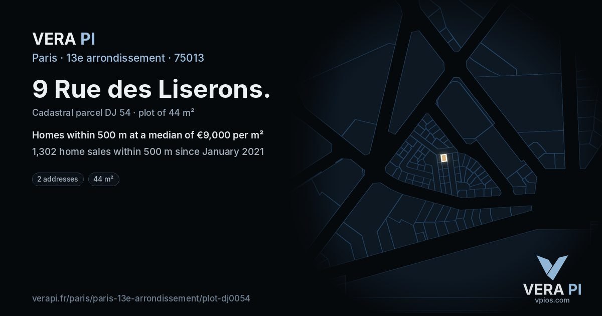 9 Rue des Liserons, 13e arrondissement at night – the plot lit, the parcels around coloured by the prices near them