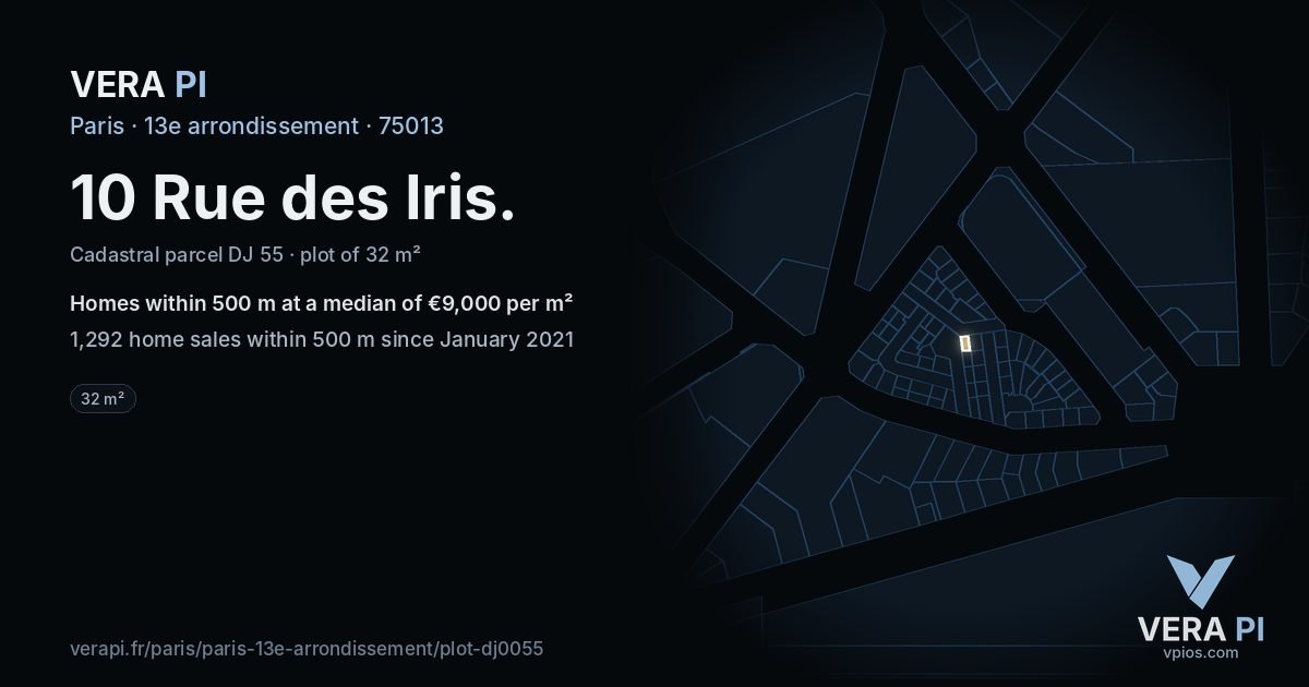 10 Rue des Iris, 13e arrondissement at night – the plot lit, the parcels around coloured by the prices near them