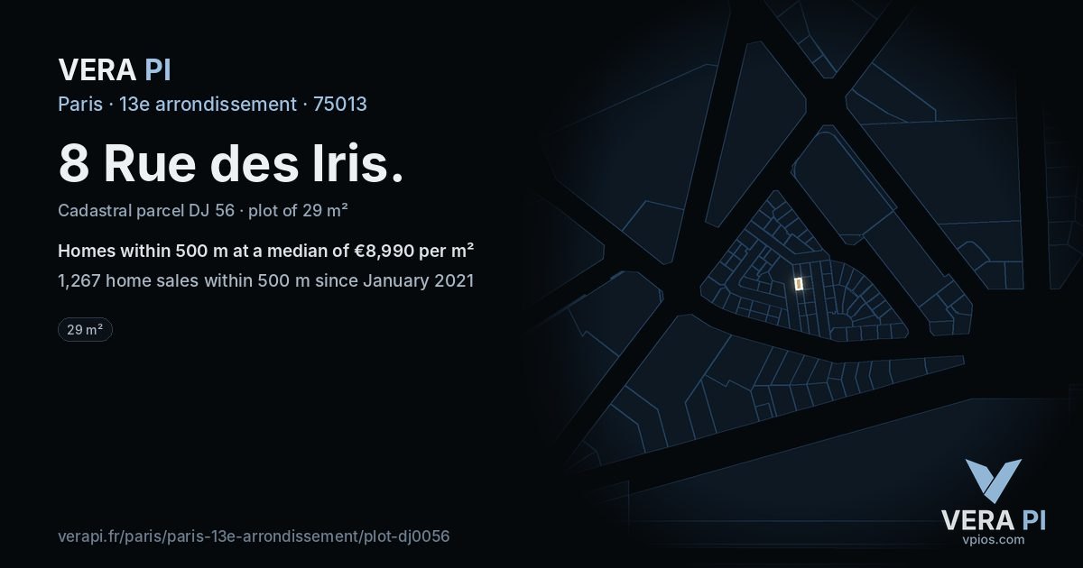 8 Rue des Iris, 13e arrondissement at night – the plot lit, the parcels around coloured by the prices near them