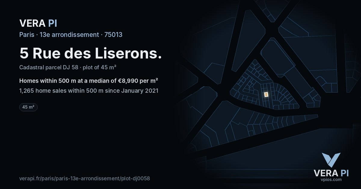 5 Rue des Liserons, 13e arrondissement at night – the plot lit, the parcels around coloured by the prices near them