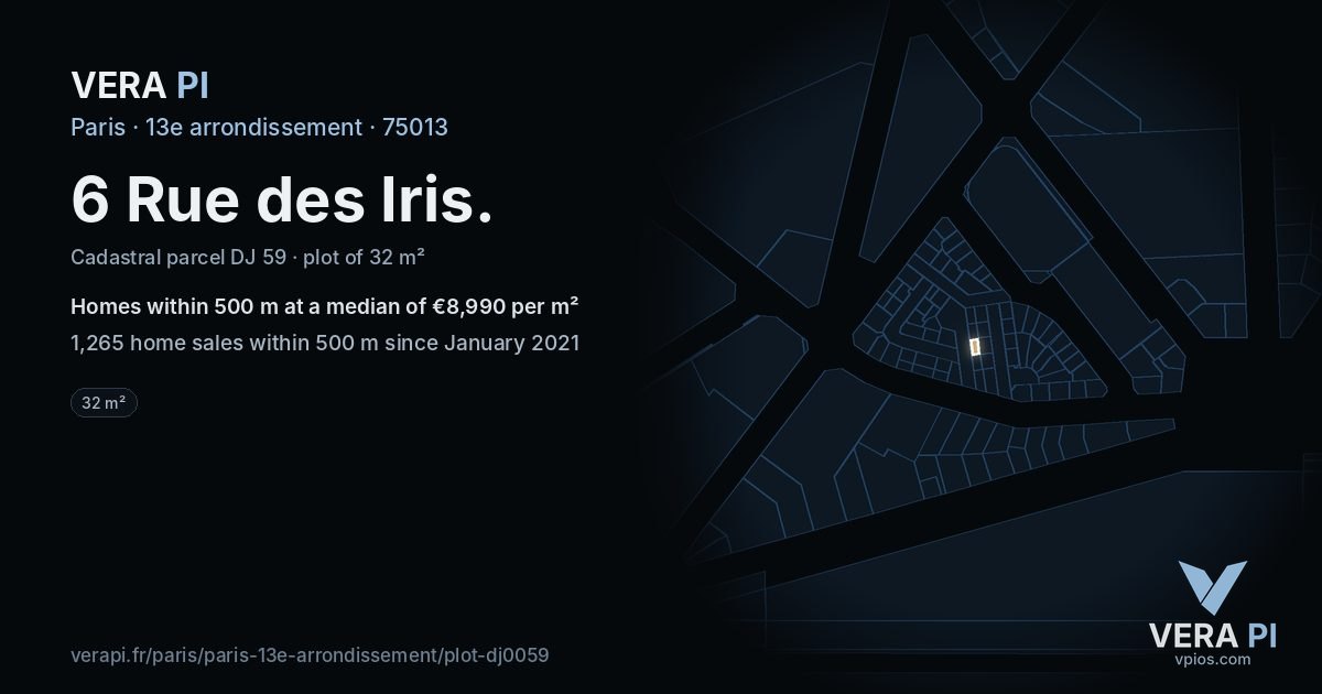 6 Rue des Iris, 13e arrondissement at night – the plot lit, the parcels around coloured by the prices near them