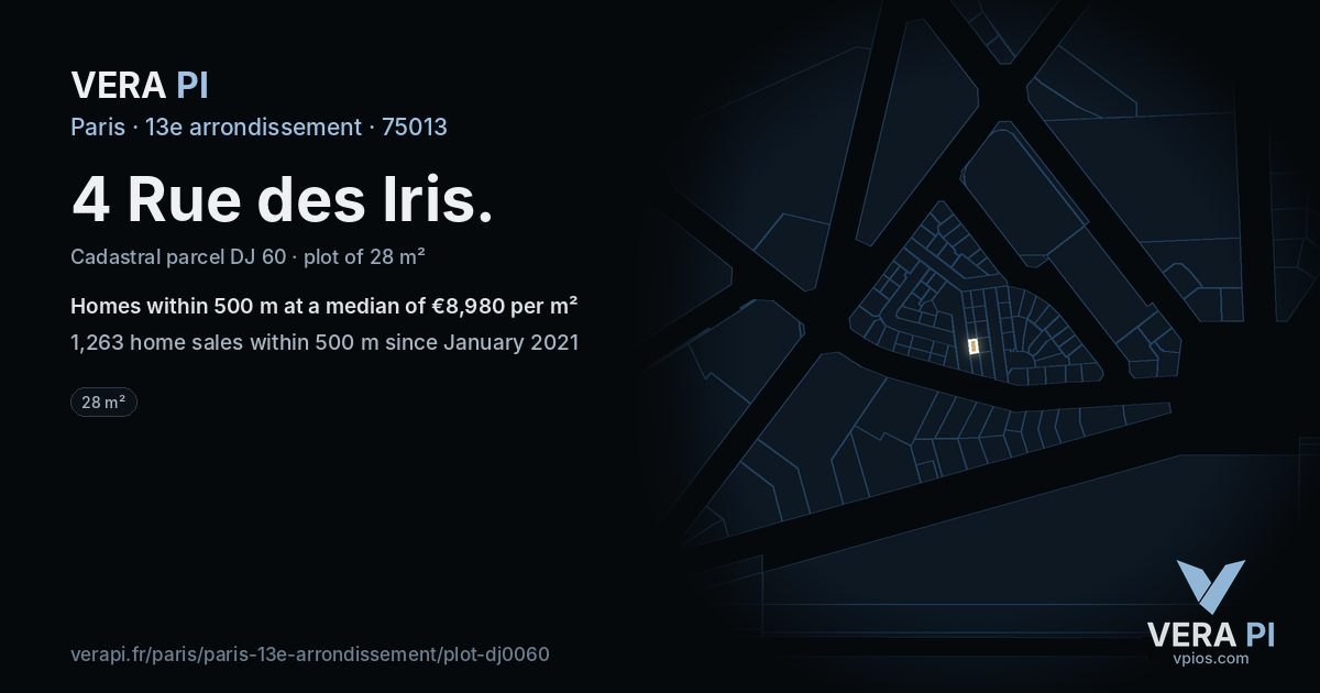 4 Rue des Iris, 13e arrondissement at night – the plot lit, the parcels around coloured by the prices near them