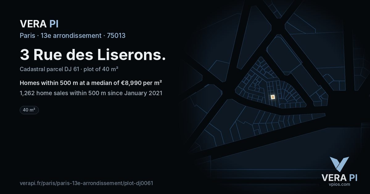 3 Rue des Liserons, 13e arrondissement at night – the plot lit, the parcels around coloured by the prices near them