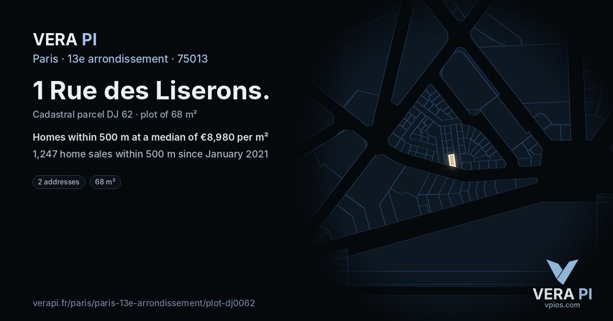 1 Rue des Liserons, 13e arrondissement at night – the plot lit, the parcels around coloured by the prices near them