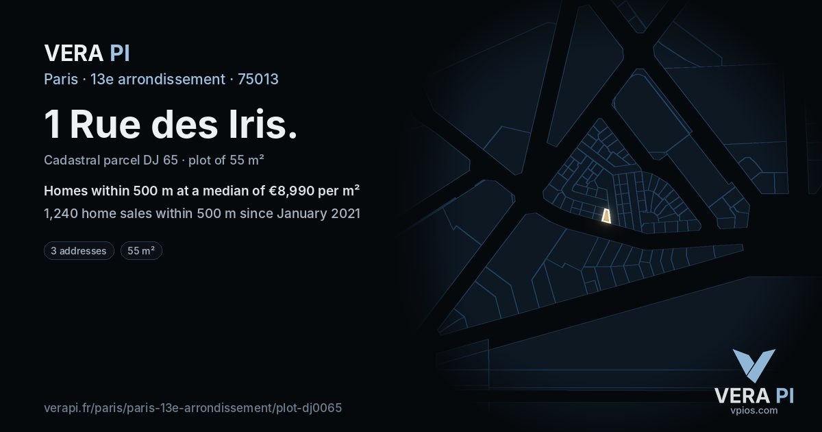1 Rue des Iris, 13e arrondissement at night – the plot lit, the parcels around coloured by the prices near them