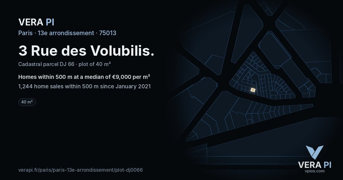 3 Rue des Volubilis, 13e arrondissement at night – the plot lit, the parcels around coloured by the prices near them