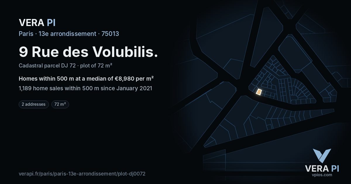 9 Rue des Volubilis, 13e arrondissement at night – the plot lit, the parcels around coloured by the prices near them