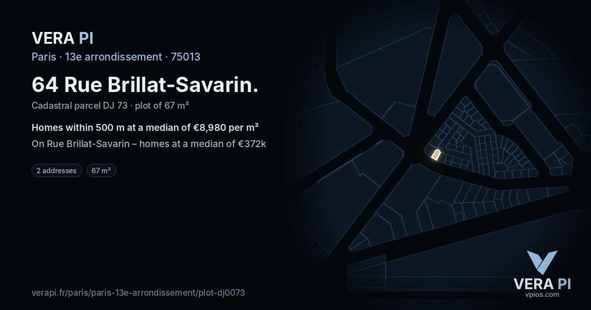 64 Rue Brillat-Savarin, 13e arrondissement at night – the plot lit, the parcels around coloured by the prices near them