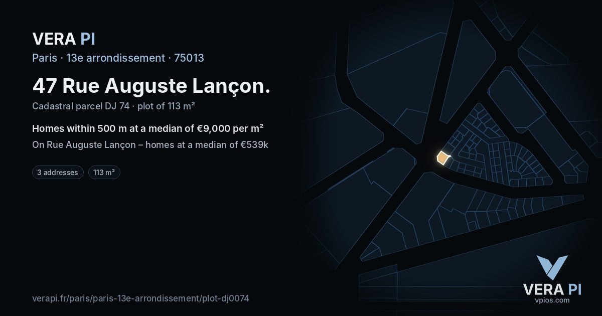 47 Rue Auguste Lançon, 13e arrondissement at night – the plot lit, the parcels around coloured by the prices near them