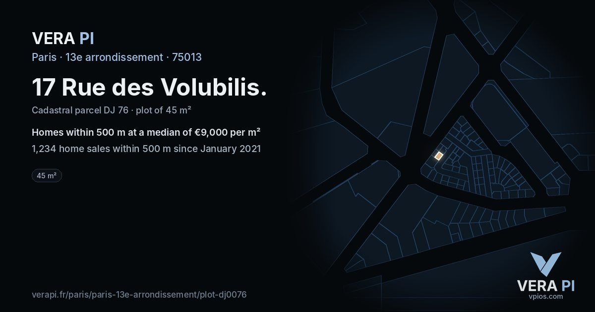 17 Rue des Volubilis, 13e arrondissement at night – the plot lit, the parcels around coloured by the prices near them