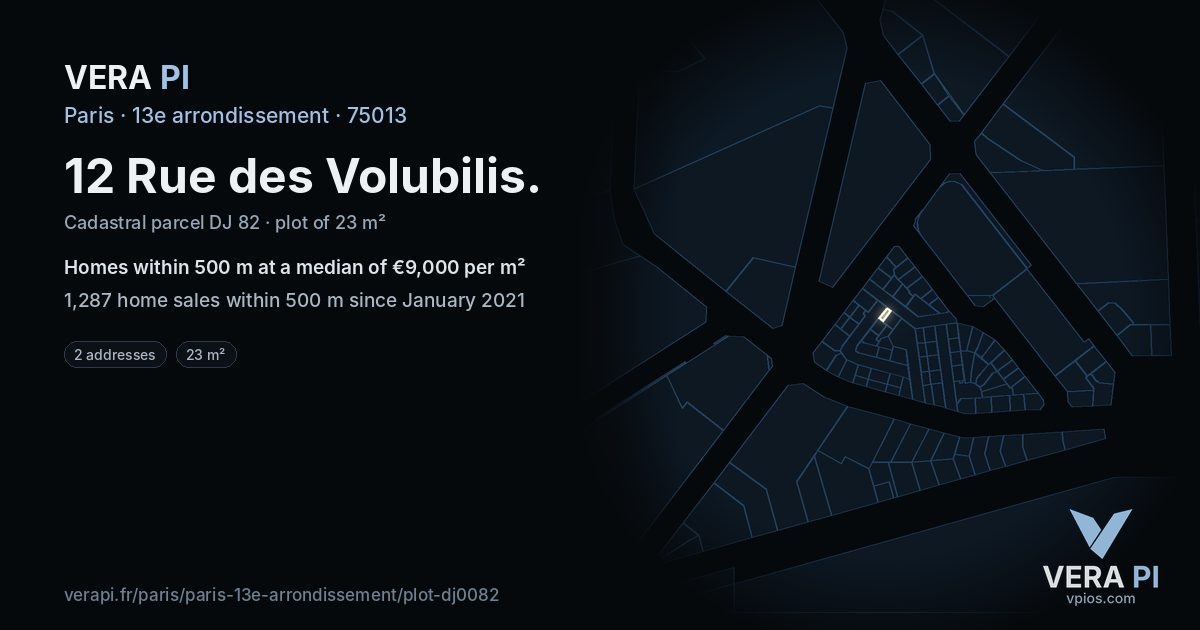 12 Rue des Volubilis, 13e arrondissement at night – the plot lit, the parcels around coloured by the prices near them