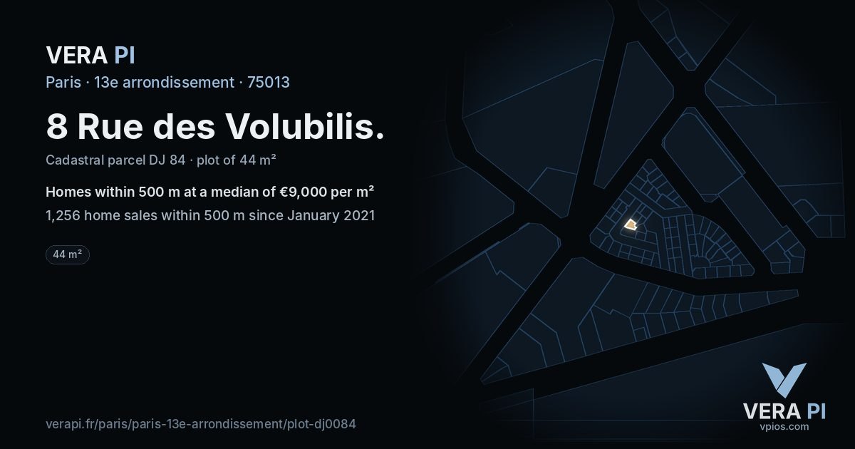 8 Rue des Volubilis, 13e arrondissement at night – the plot lit, the parcels around coloured by the prices near them