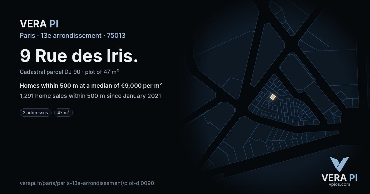 9 Rue des Iris, 13e arrondissement at night – the plot lit, the parcels around coloured by the prices near them