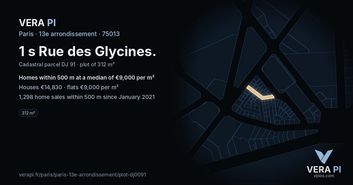 1 s Rue des Glycines, 13e arrondissement at night – the plot lit, the parcels around coloured by the prices near them
