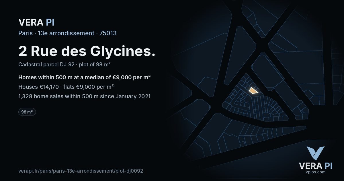 2 Rue des Glycines, 13e arrondissement at night – the plot lit, the parcels around coloured by the prices near them