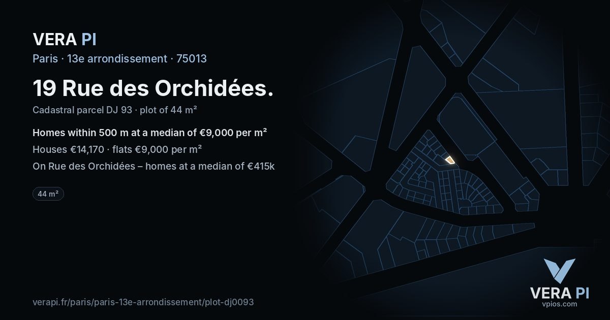 19 Rue des Orchidées, 13e arrondissement at night – the plot lit, the parcels around coloured by the prices near them