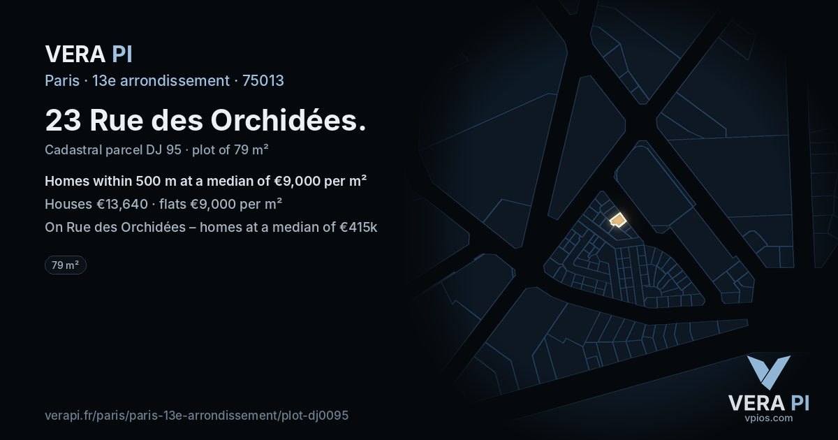23 Rue des Orchidées, 13e arrondissement at night – the plot lit, the parcels around coloured by the prices near them