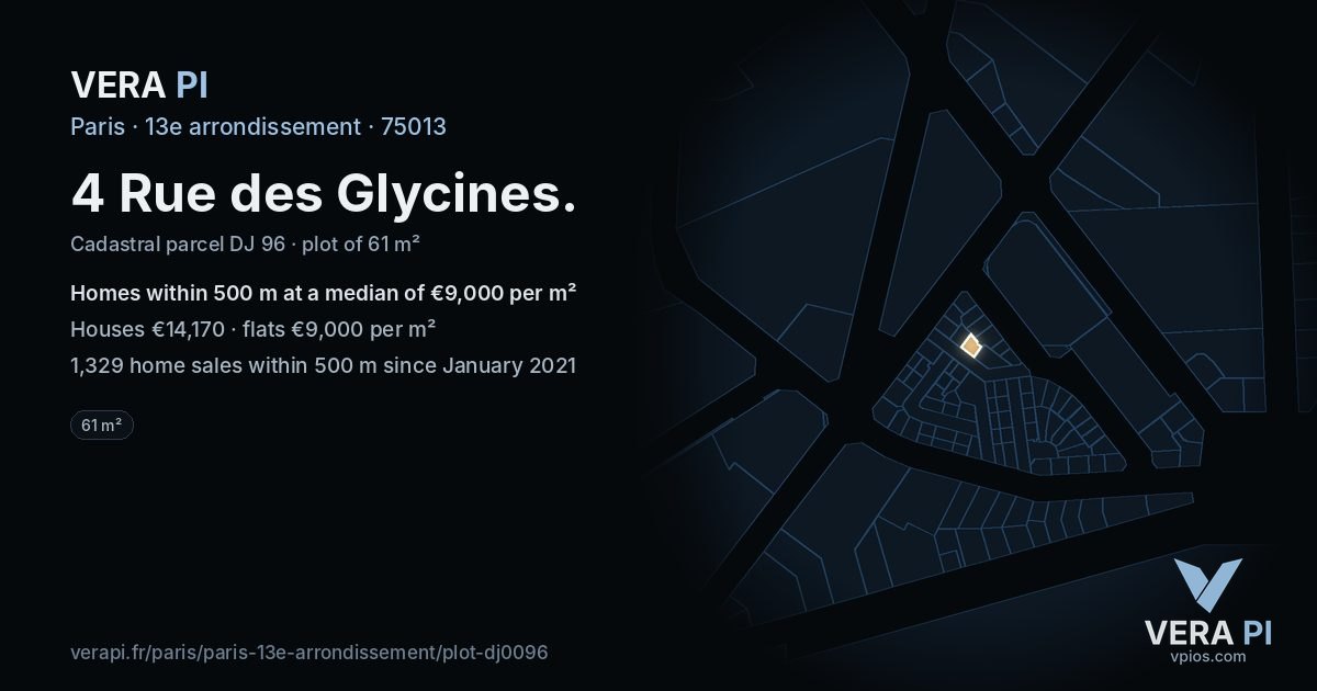 4 Rue des Glycines, 13e arrondissement at night – the plot lit, the parcels around coloured by the prices near them