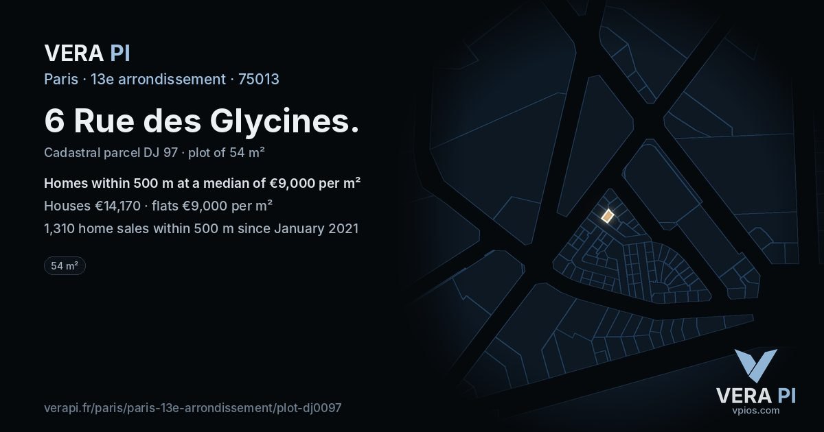 6 Rue des Glycines, 13e arrondissement at night – the plot lit, the parcels around coloured by the prices near them
