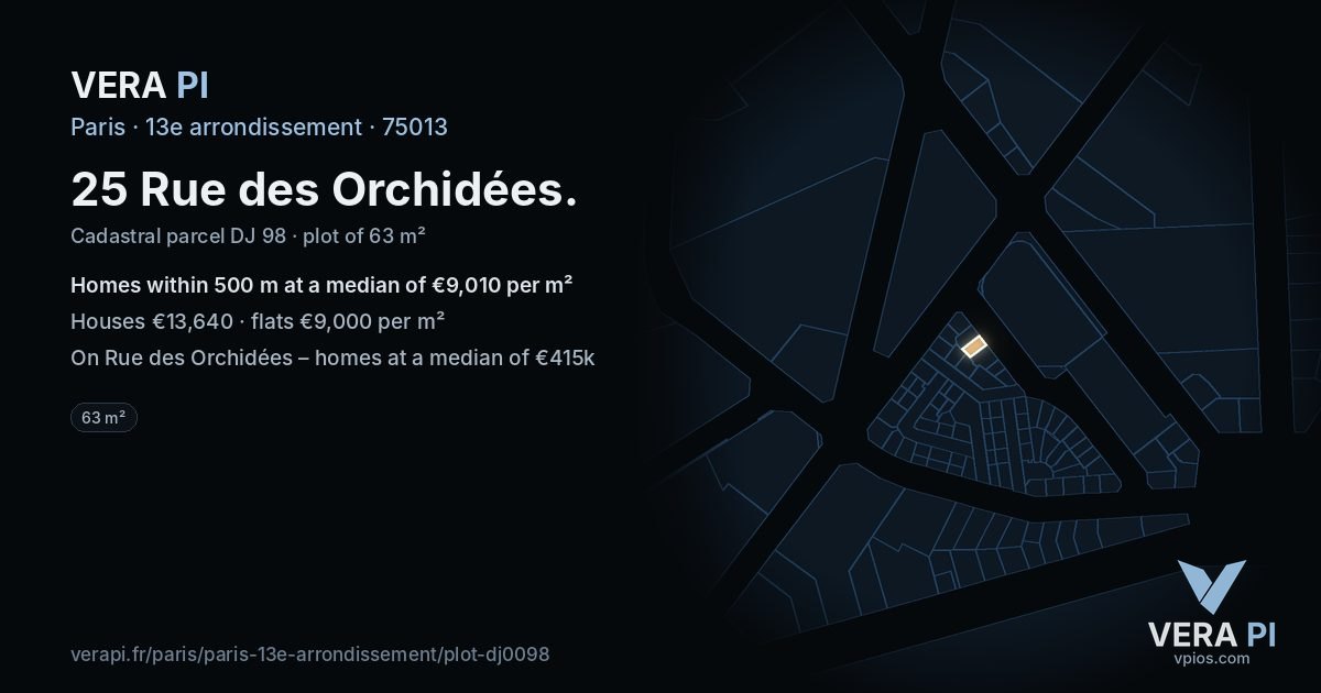 25 Rue des Orchidées, 13e arrondissement at night – the plot lit, the parcels around coloured by the prices near them