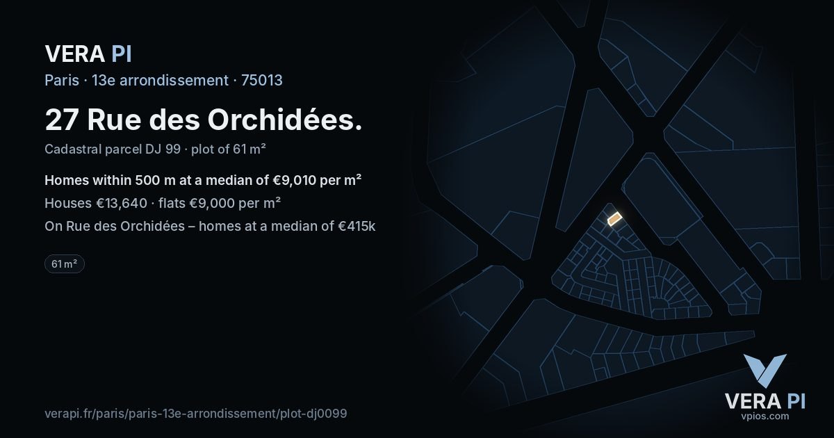 27 Rue des Orchidées, 13e arrondissement at night – the plot lit, the parcels around coloured by the prices near them