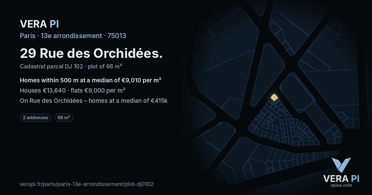 29 Rue des Orchidées, 13e arrondissement at night – the plot lit, the parcels around coloured by the prices near them