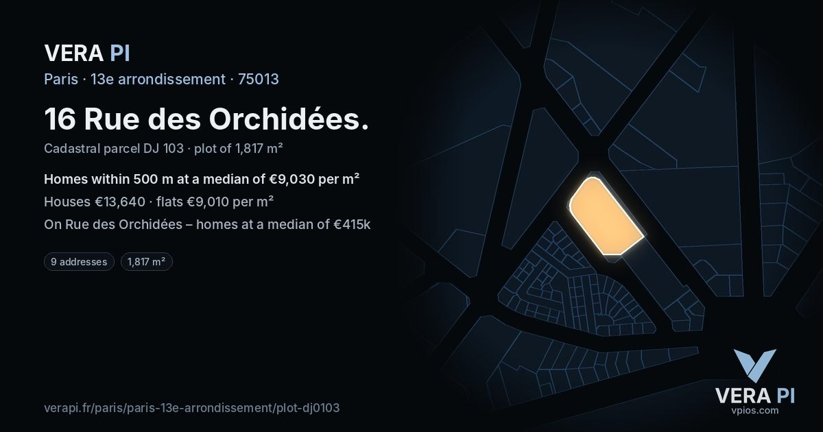 16 Rue des Orchidées, 13e arrondissement at night – the plot lit, the parcels around coloured by the prices near them
