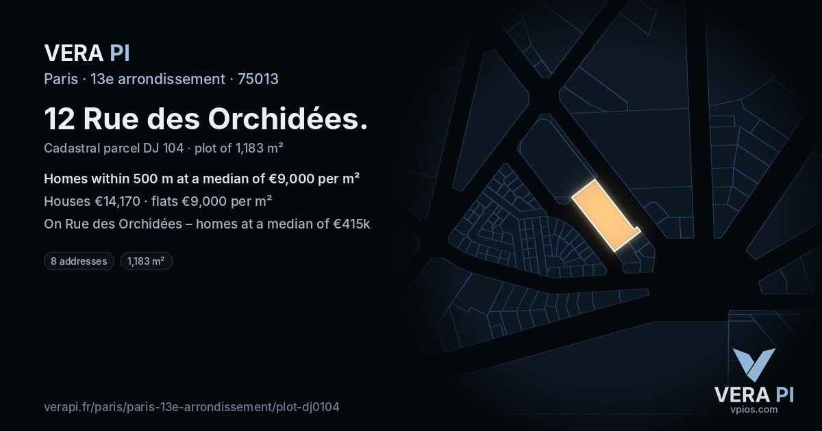12 Rue des Orchidées, 13e arrondissement at night – the plot lit, the parcels around coloured by the prices near them