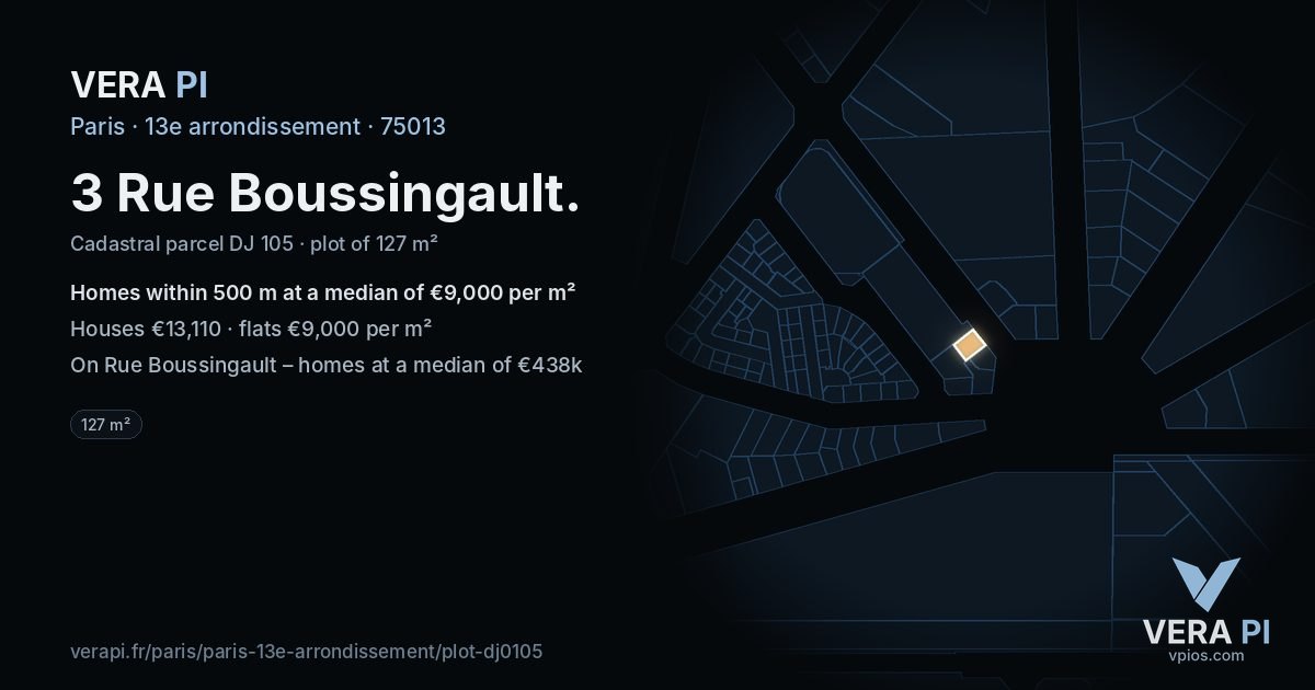 3 Rue Boussingault, 13e arrondissement at night – the plot lit, the parcels around coloured by the prices near them