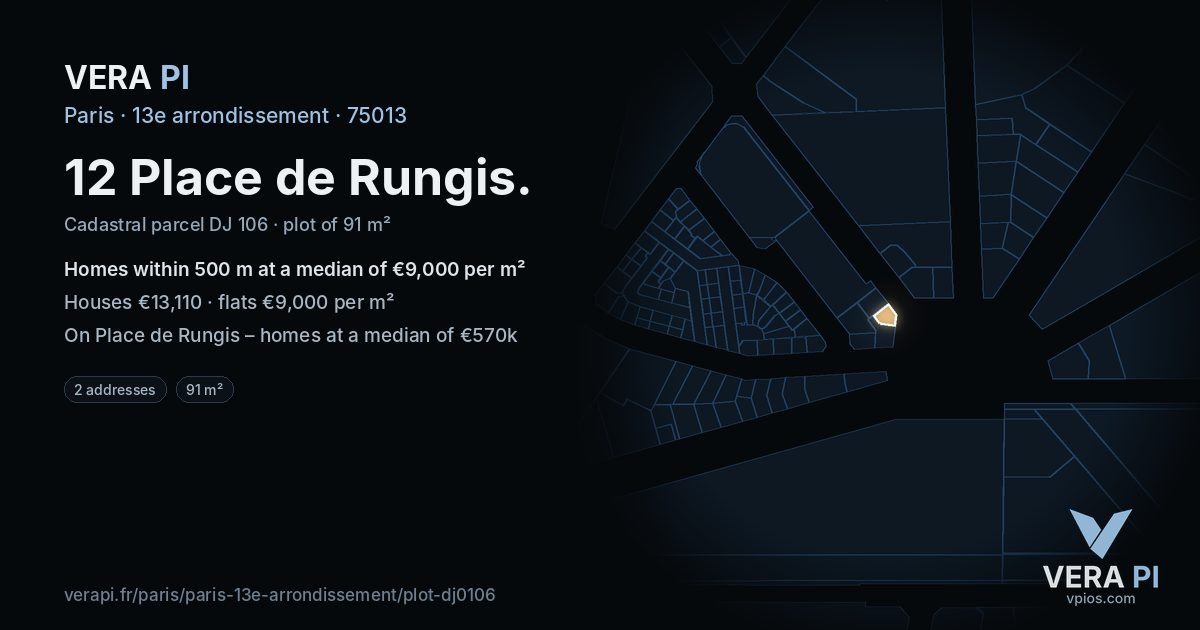 12 Place de Rungis, 13e arrondissement at night – the plot lit, the parcels around coloured by the prices near them